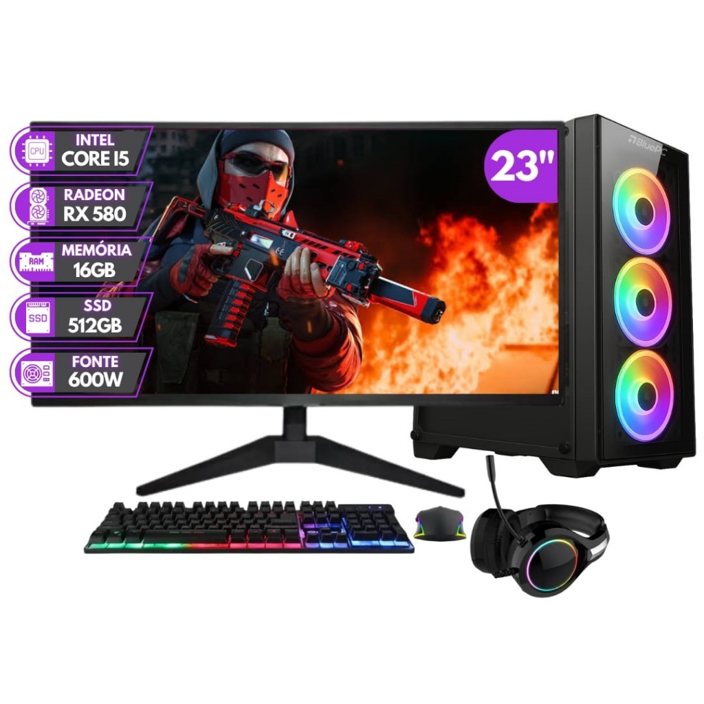 PC GAMER COMPLETO BLUEPC RUSH - INTEL CORE I5 16GB RAM RADEON RX 580 8GB SSD 512GB MONITOR 23" 75HZ em Oferta na Shopee