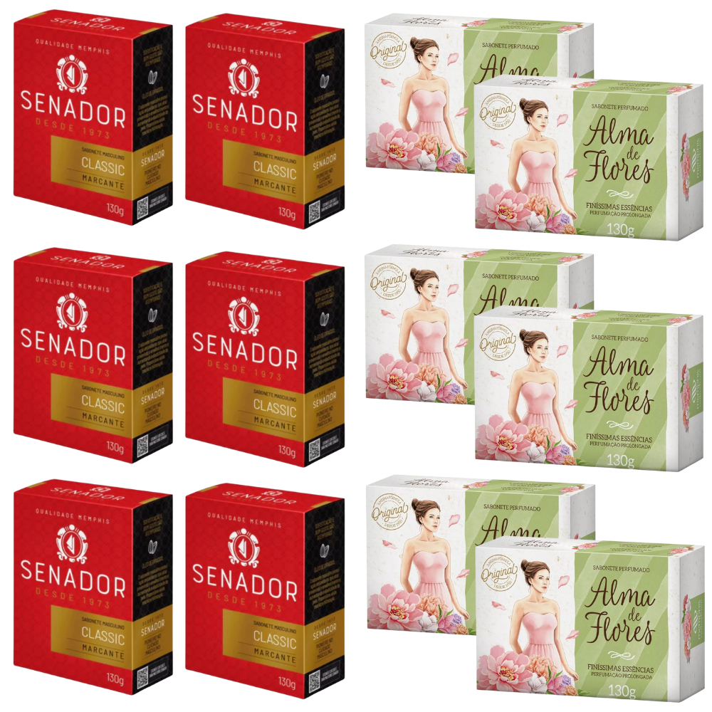 Kit 12 Sabonete Senador Classic e Alma de Flores Original 130g