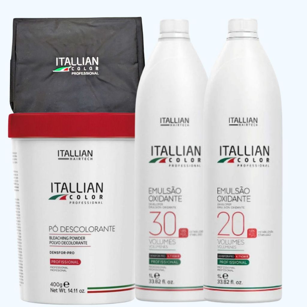 Pó Descolorante Itallian Color + 2 Emulsão Oxidantes 20 e 30 Volumes + Capa Persolnalizada Premium