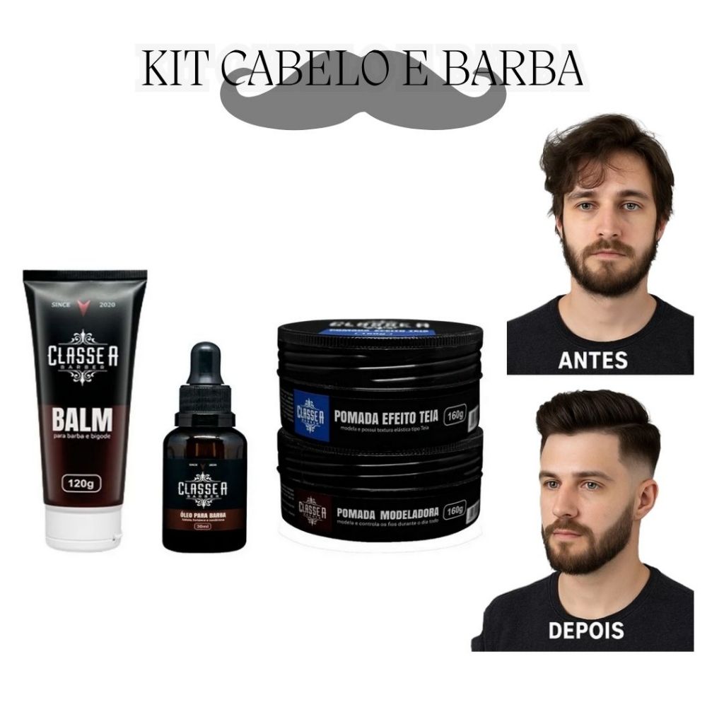 KIT BARBA CABELO E BIGODE COMPLETO CLASSE A POMADA MODELADORA ÓLEO PARA BARBA E BALM HIDRATANTE