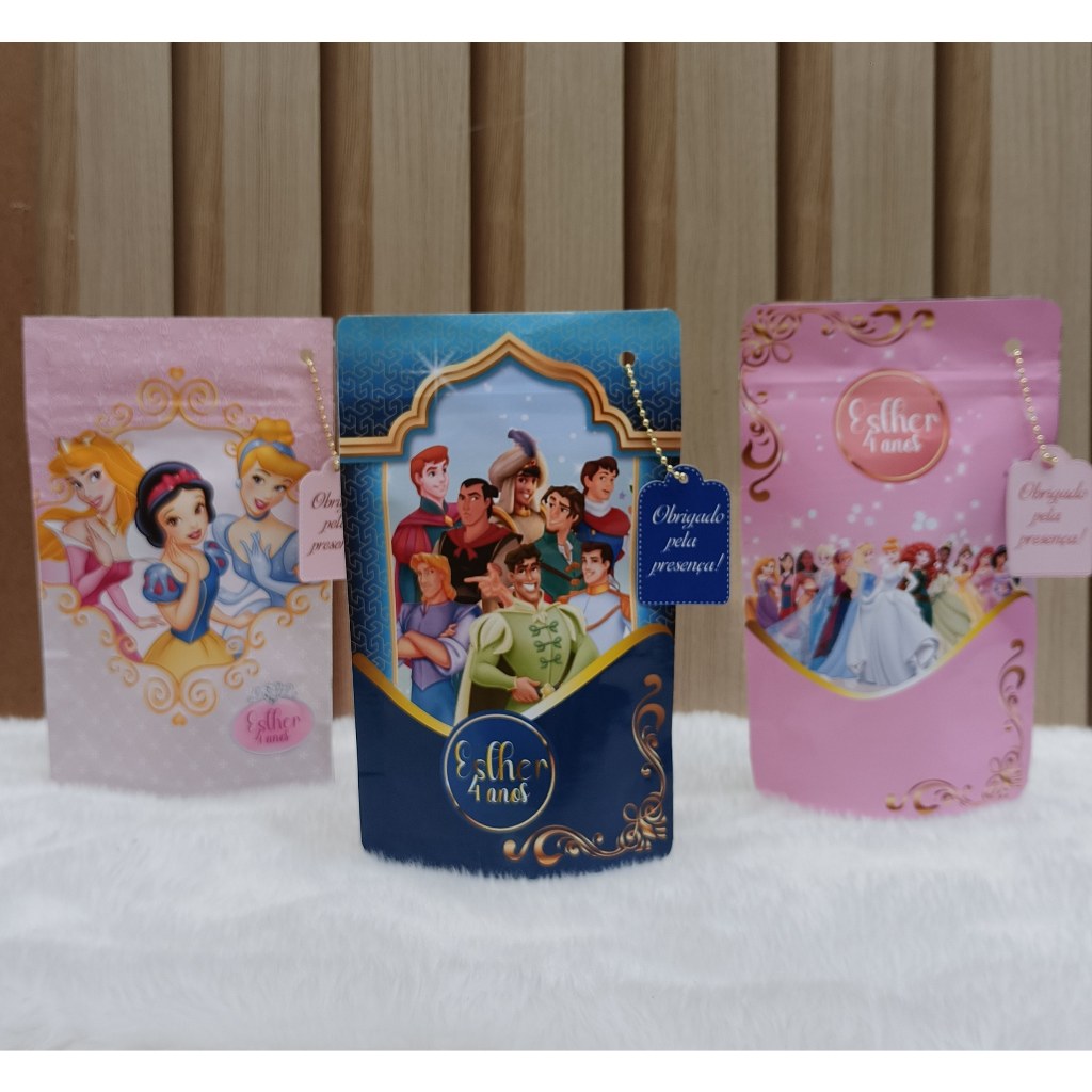 Saquinho Metalizado Princesas 2/lembrancinha personalizada Princesas e Príncipes