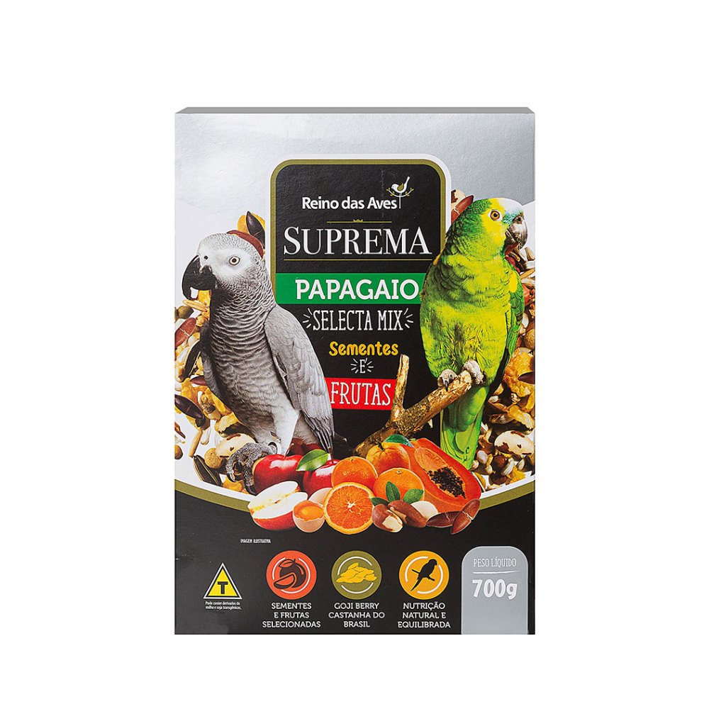 Ração Papagaio 700gr Suprema Selecta Mix Sementes Frutas Caixa Reino das Aves Promoção