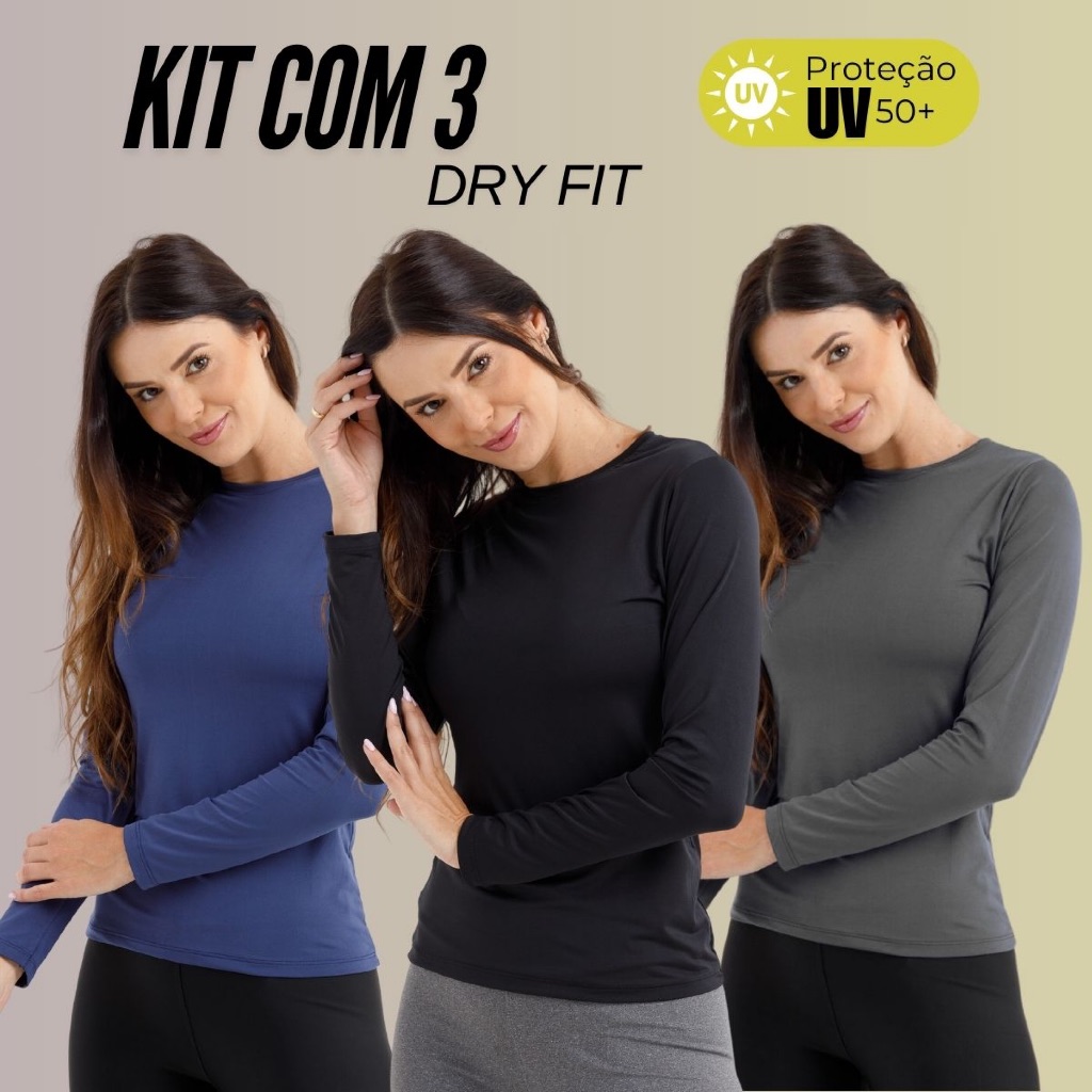 Kit 3 Camisa manga longa blusas proteção solar 50+ feminina lisa segunda pele proteção uv fator
