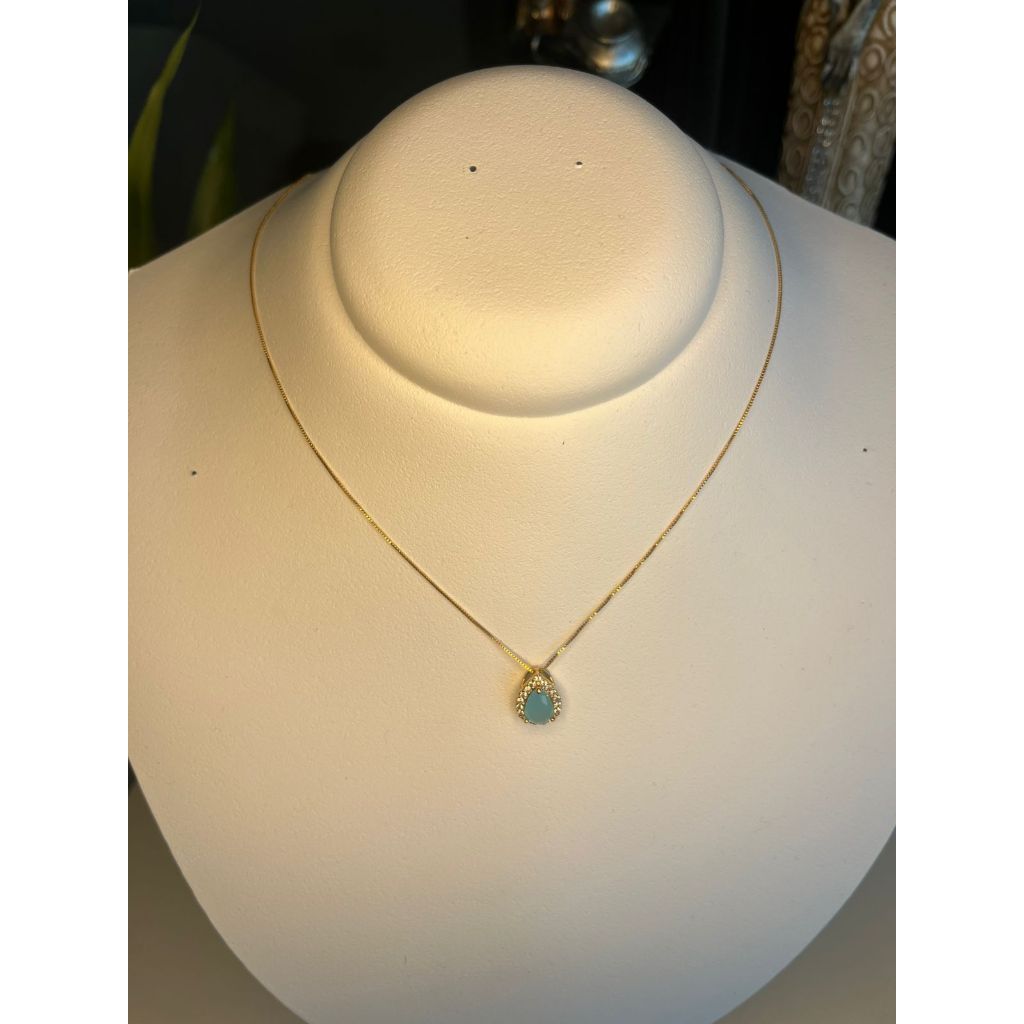 Corrente Veneziana Feminina com pingente cravejado zircônia Gota pedra natural turquesa - semijoia ouro 18k