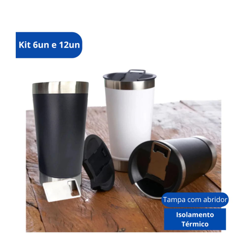 Kit 6/Kit12 Copos Térmicos de Cerveja Inox com Tampa Abridor Garrafa 473ml