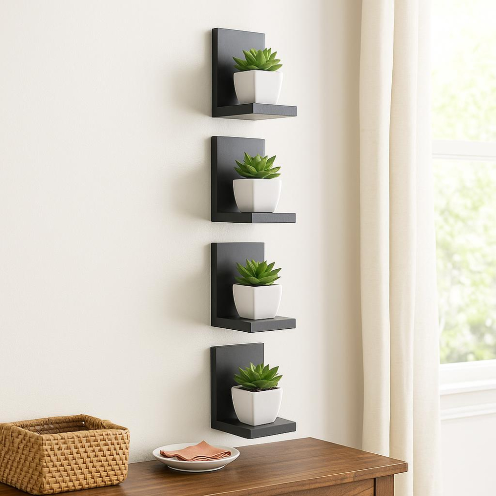 Kit 4 Prateleiras decorativas  p/ Suculentas, Funko boneco miniatura em "L" Preta , Branca e Amadeirada MDF