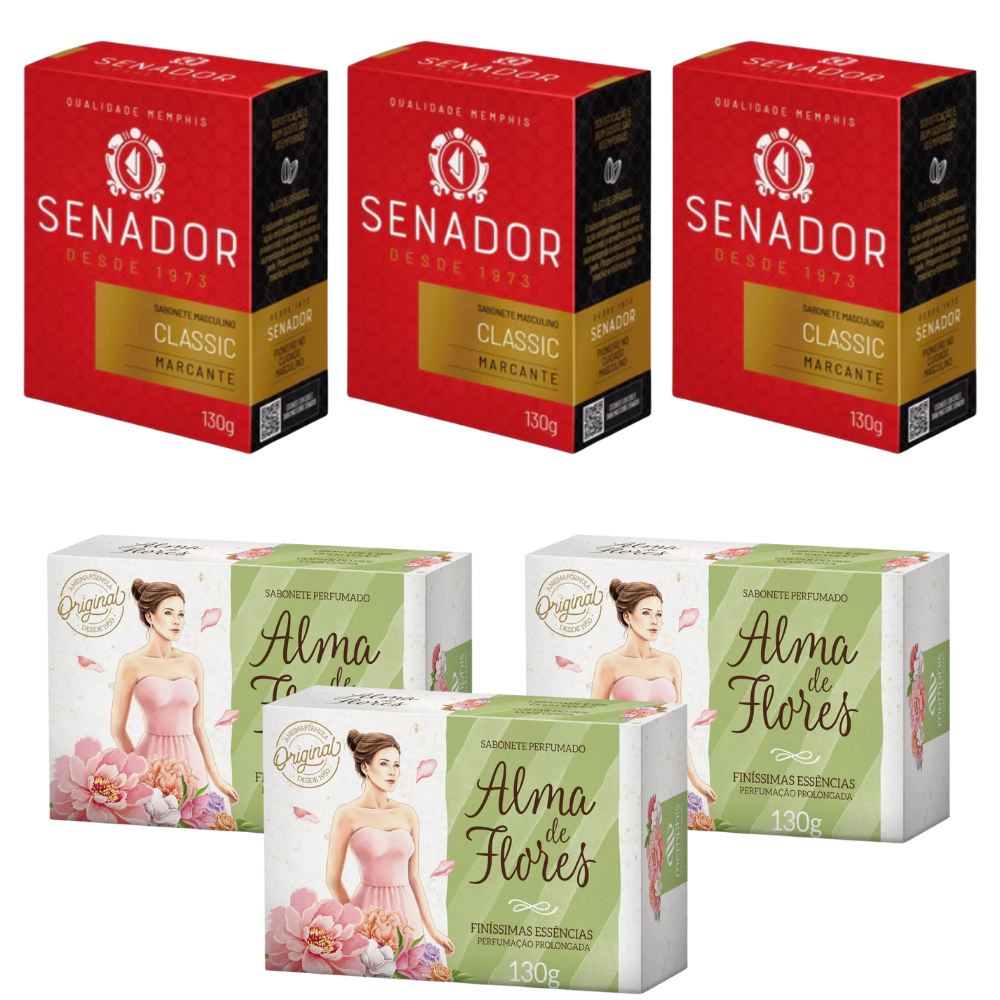 Kit 6 Sabonete Senador Classic e Alma de Flores Original 130g
