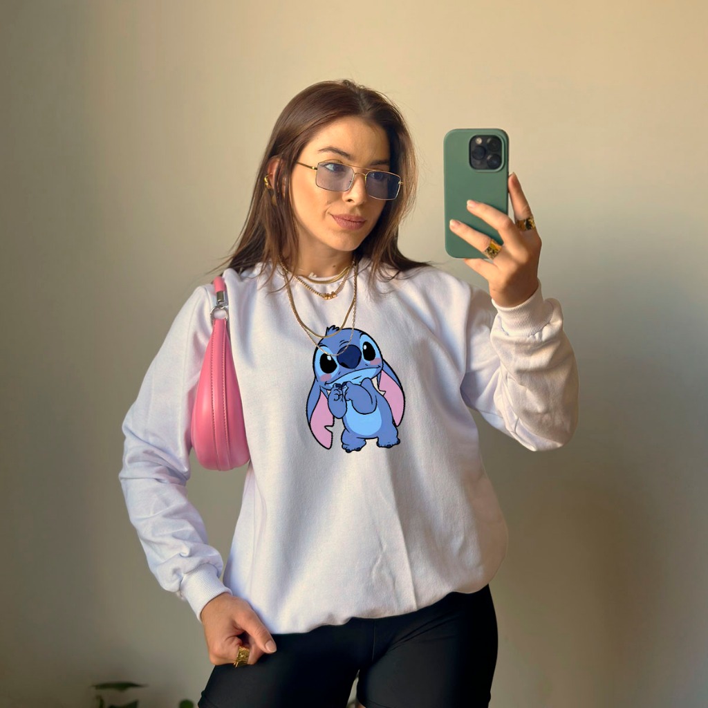 Moletom Feminino  Gola Careca Sueter Premium Streetwear Blusa de Frio Desenho Ohana 2045 Animado Diversas Cores