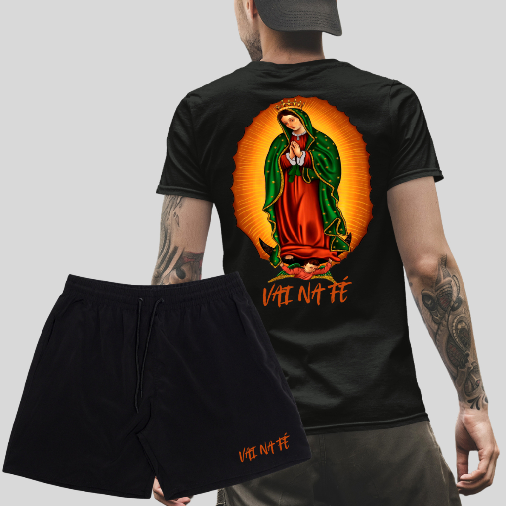 Conjunto Camiseta Masculina Nossa Senhora de Guadalupe + Bermuda Elastano Lançamento