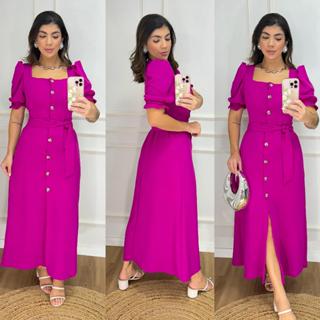 Vestido Longo Liso com Botões e Cinto - Manga Bufante - Modelo Elegante com Elastex em Oferta na Shopee