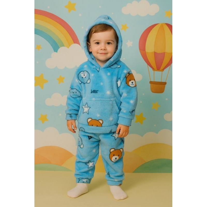 Conjunto Infantil MASCULINO Felpudo Flanelado Com Capuz | Pijama ou Roupa de Sair | De 2 a 8 Anos | Inverno Quentinho