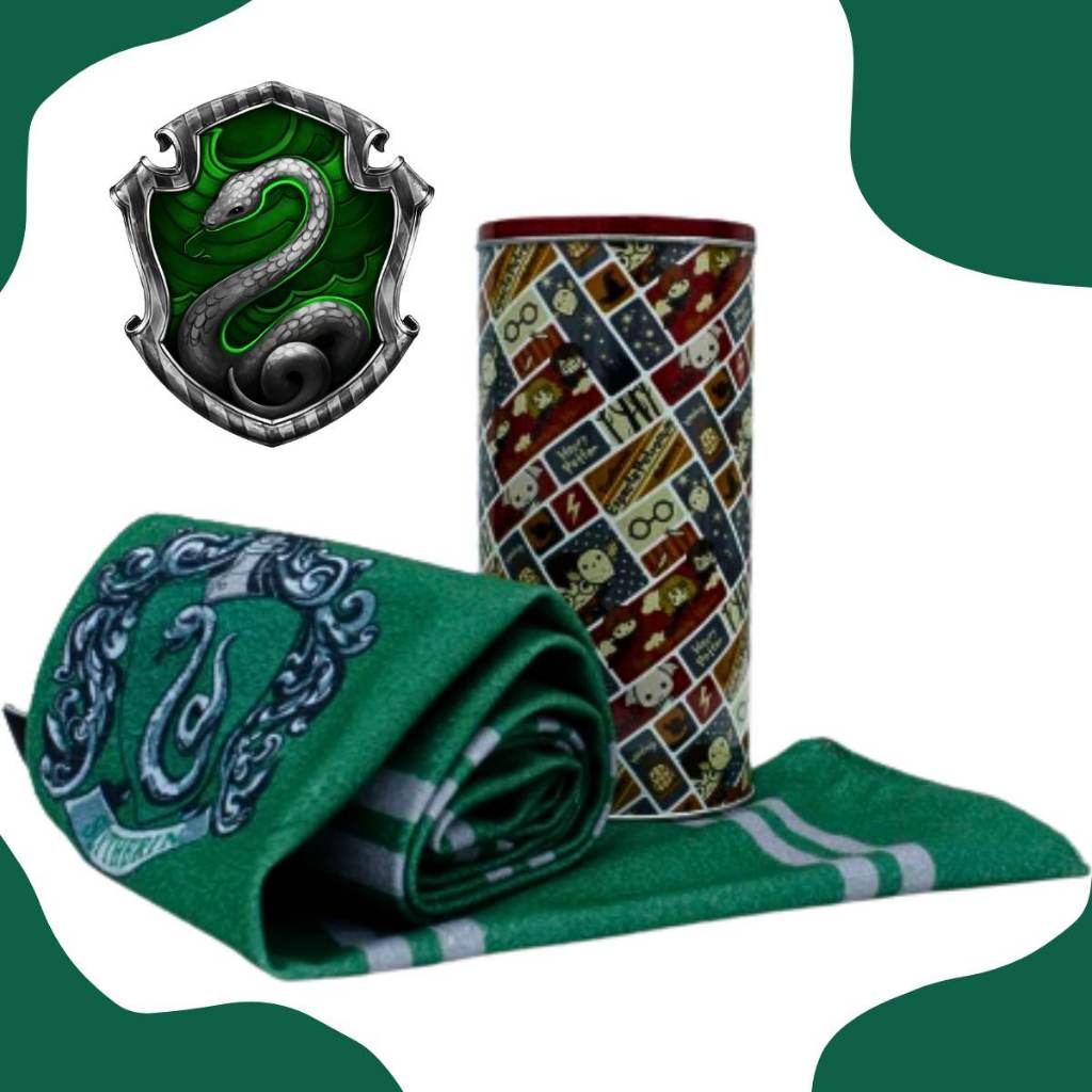Cachecol Oficial Harry Potter Casa Sonserina Verde Emblema Bordado Zona Criativa Lata Personalizada