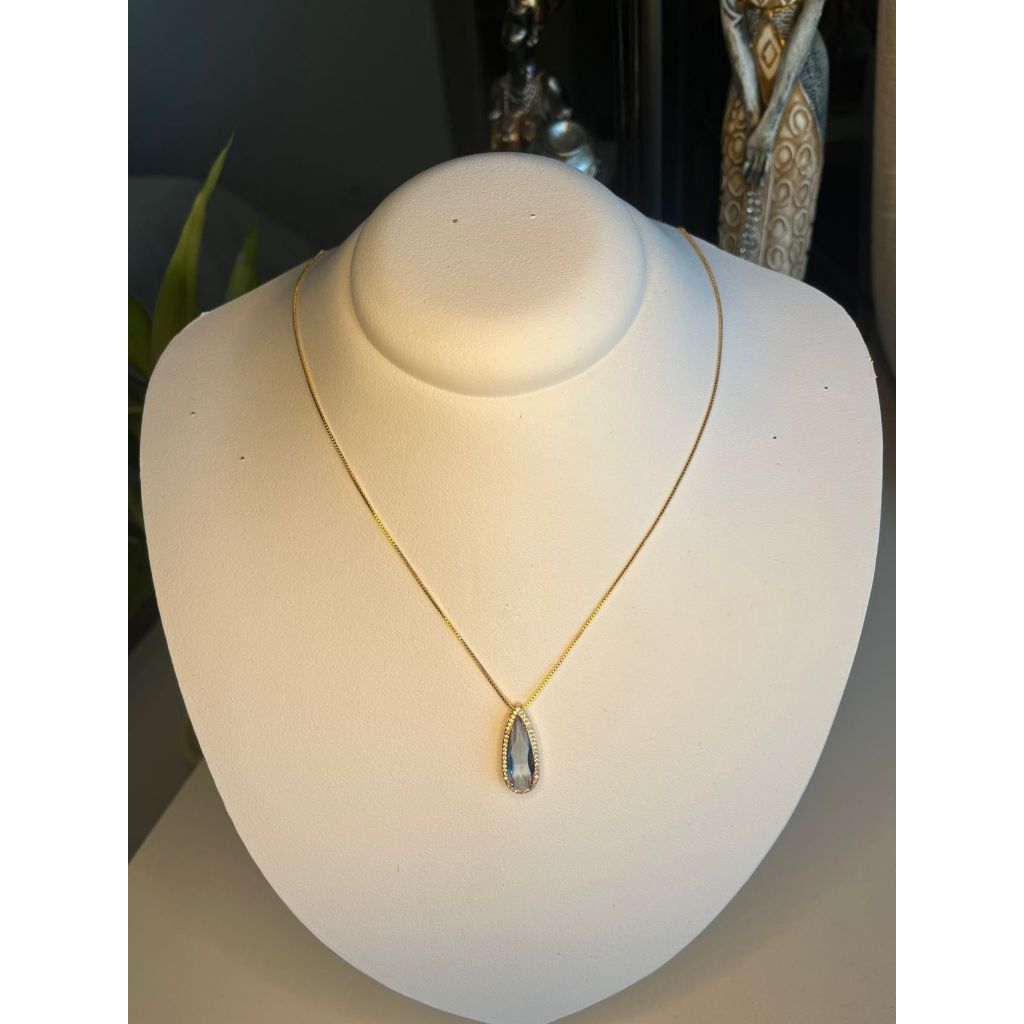 Corrente Feminina com pingente Gota cravejado zircônia com pedra natural azul - semijoia ouro 18k