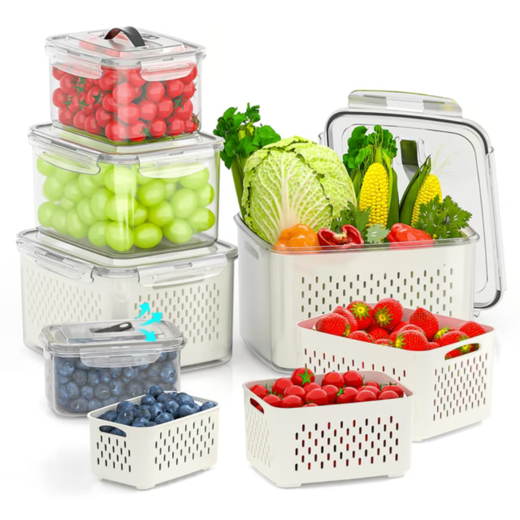 Kit 3 Potes Hermético Organizador de Geladeira Cesto Com Tampa Multiuso Alimentos Verduras e Vegetais