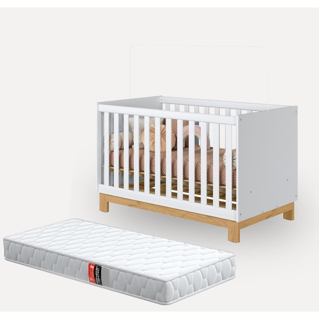 Berço Slim Vira Cama Com Grade De Proteção Removível E Colchão - Mom & Baby