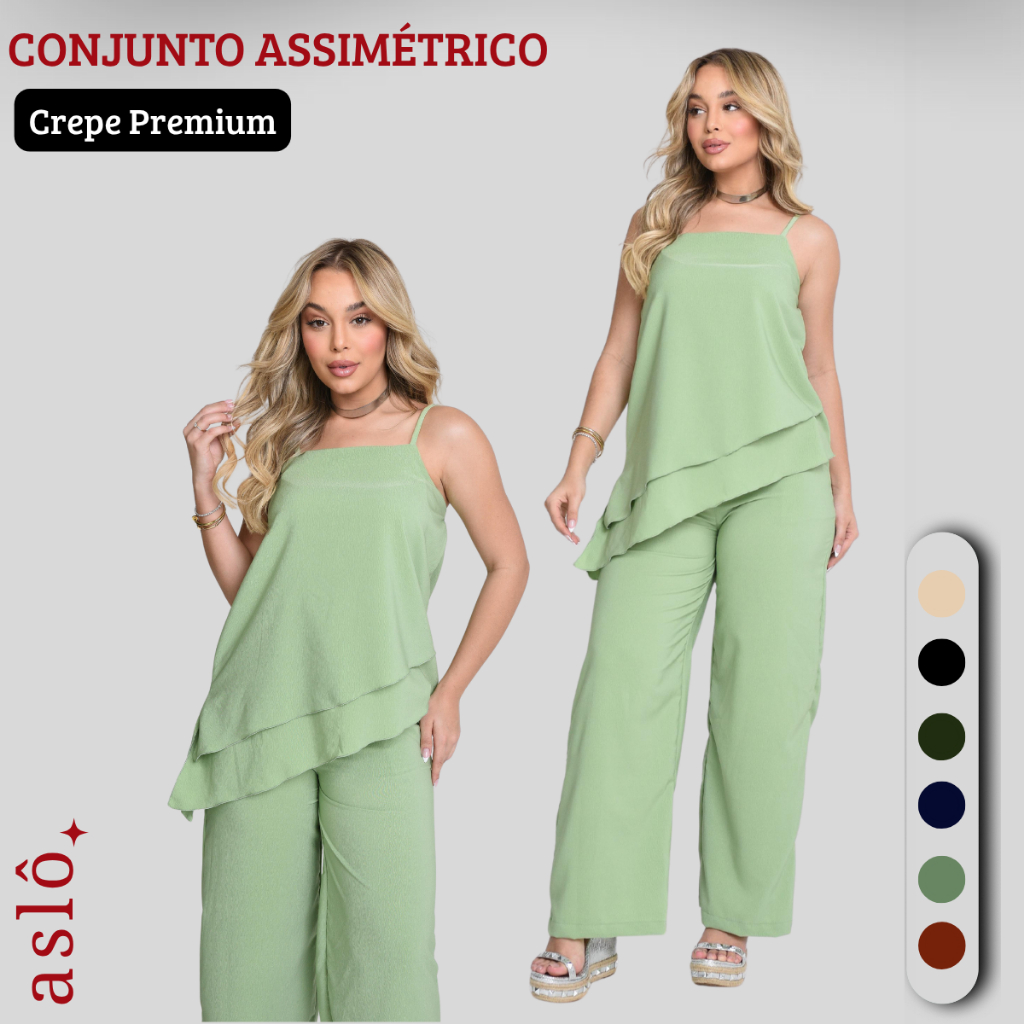 Conjunto Calça Pantalona Blusa Alcinha Assimétrica Camadas Crepe Alfaitaria