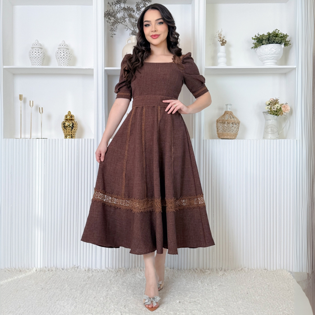 Vestido Feminino Midi Gode Social Elegante Delicado