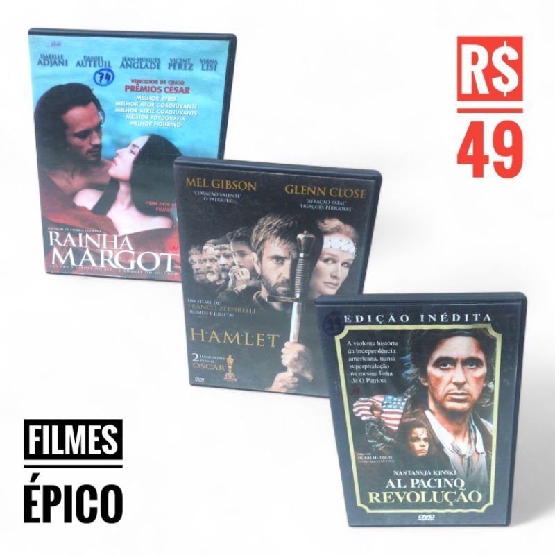 Coleção com 3 DVDs de Filmes Históricos: Rainha Margot, Hamlet e Revolução - Epico