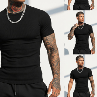 Camiseta Canelada Slim Fit Masculina Estilo Americano Ribana, Camiseta Apertada ao Corpo em Oferta na Shopee