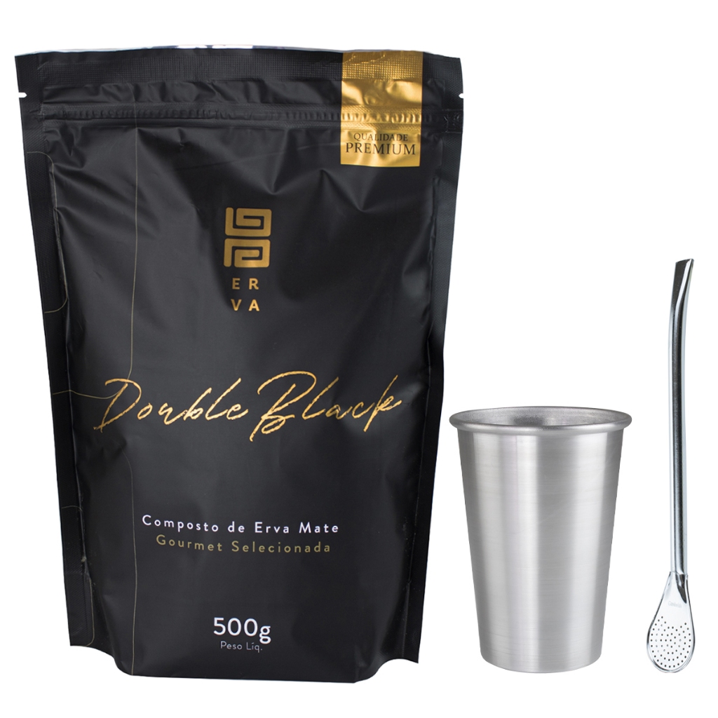 Copo De Terere Aluminio 350ml + Bomba De Terere Cromada + Black Erva 500g