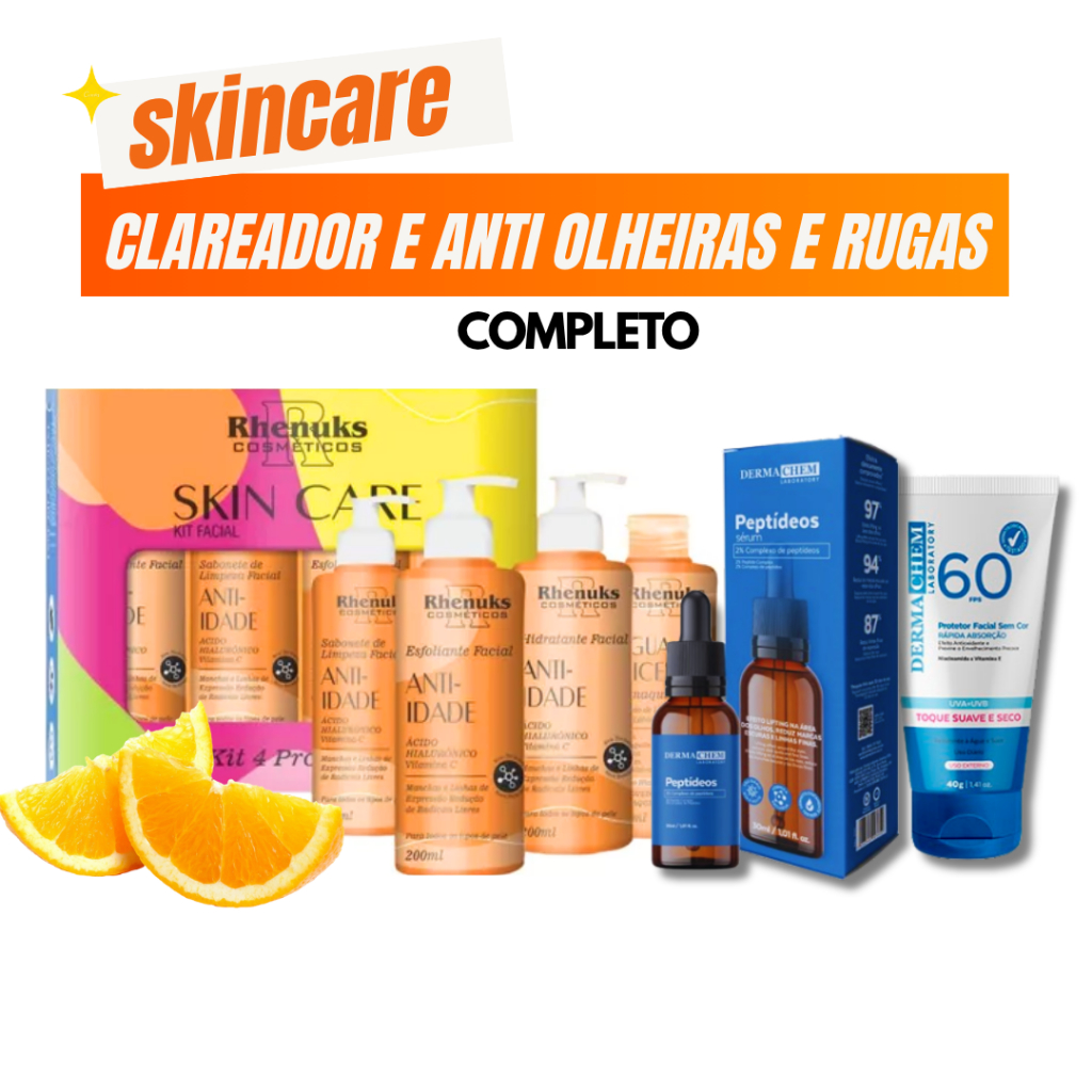 Kit Skincare Vitamina C Clareador Rhenuks+Sérum Peptídeos Efeito Lifiting+Protetor Solar Facial FPS60 Dermachem