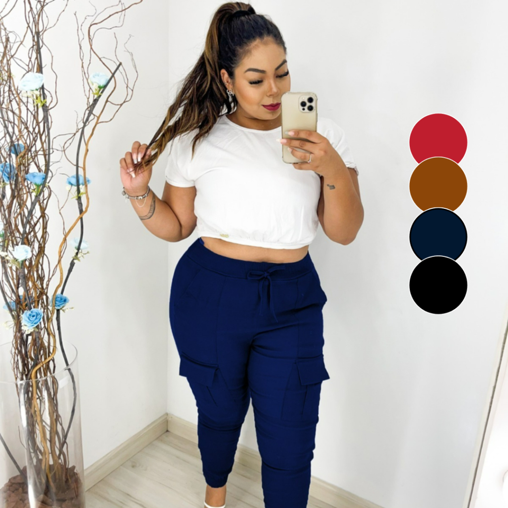 Calça Feminina Plus Size Cargo Bengaline Bolso Lateral Conforto Estilo Tamanhos G2-G3-G4-G5 Grande em Oferta na Shopee