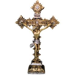 Imagem Crucifixo Detalhado Pintura Dourado Decoração Completa Em Resina 28cm