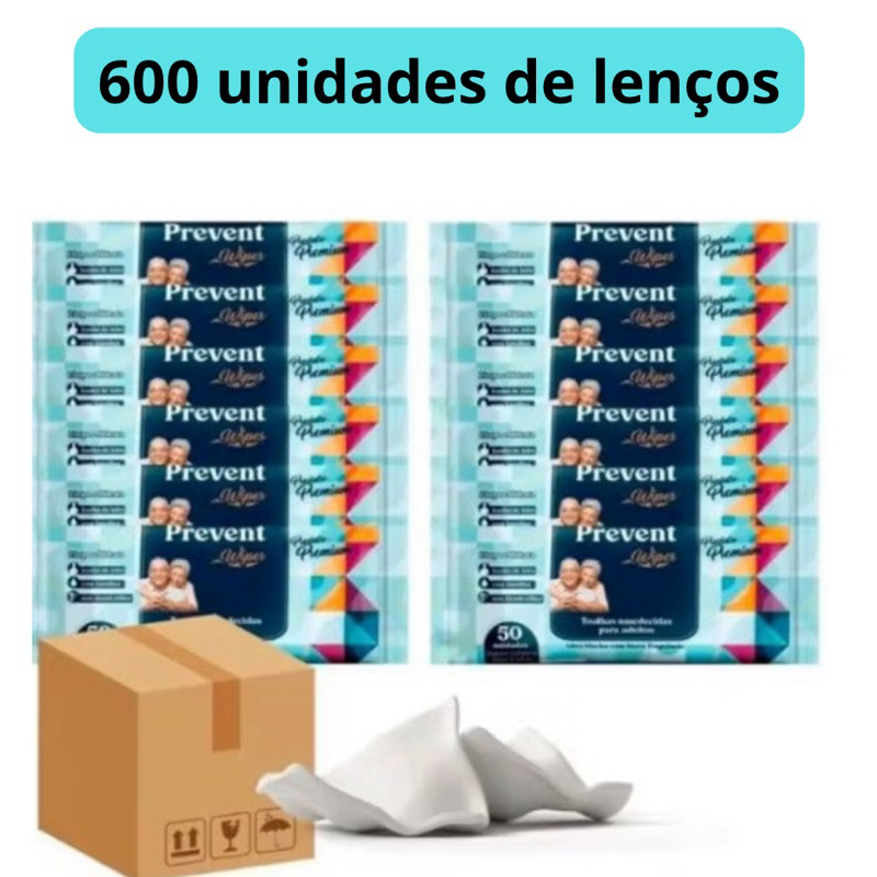 Caixa com 600 lenços Umedecido com 12 pacotes  Geriátrica Prevent 50un