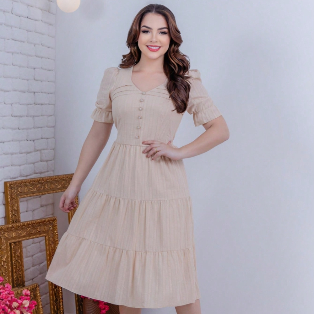 Vestido Feminino Midi em Lese 100% Algodão com Forro – Zíper nas Costas e Manga Longa Moda Modesta