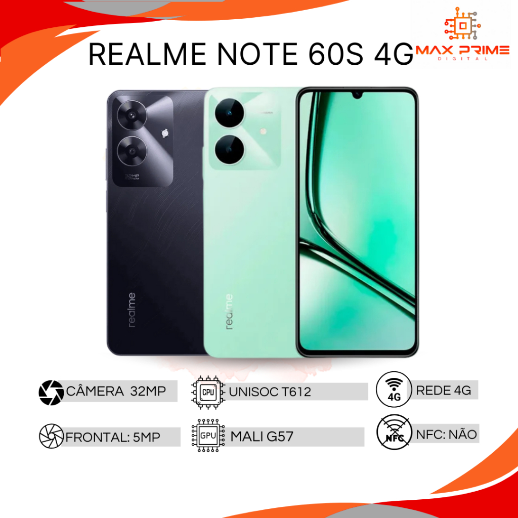 Realme Note 60S 4G,  Câmera 32MP, Processador Unisoc T612, 128GB+4GB RAM, 256GB+8GB RAM , Versão Global em Oferta na Shopee
