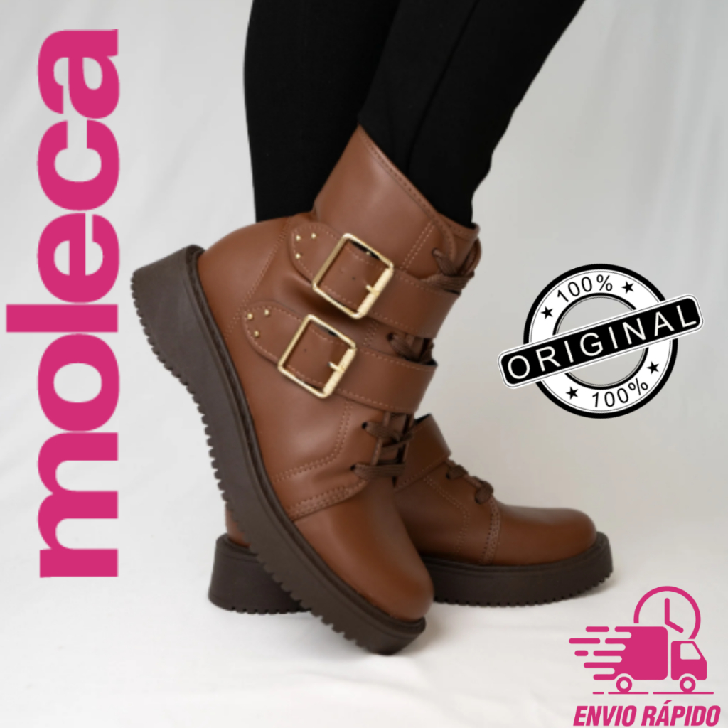 Bota Coturno Moleca 5339.109 Feminina Canela Tratorada com Fivelas
