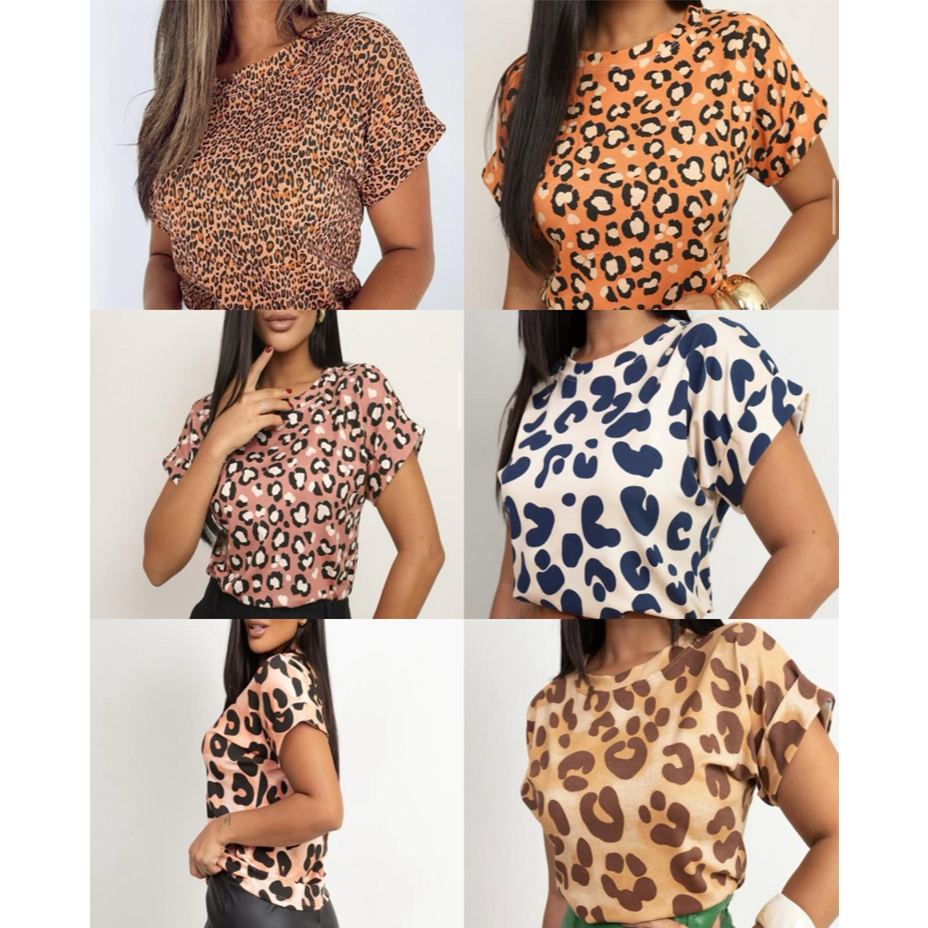 Blusa Feminina Babylook Manga Curta 3/4 Dobrada Estampa Oncinha Variadas Tamanho Único Gola Redonda Tecido Viscolycra