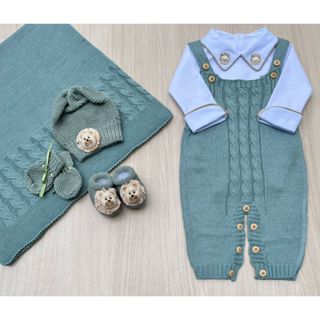 Saída de Maternidade Menino Jardineira Verde Maré Leão Tricot Kit gorro Maré em Oferta na Shopee