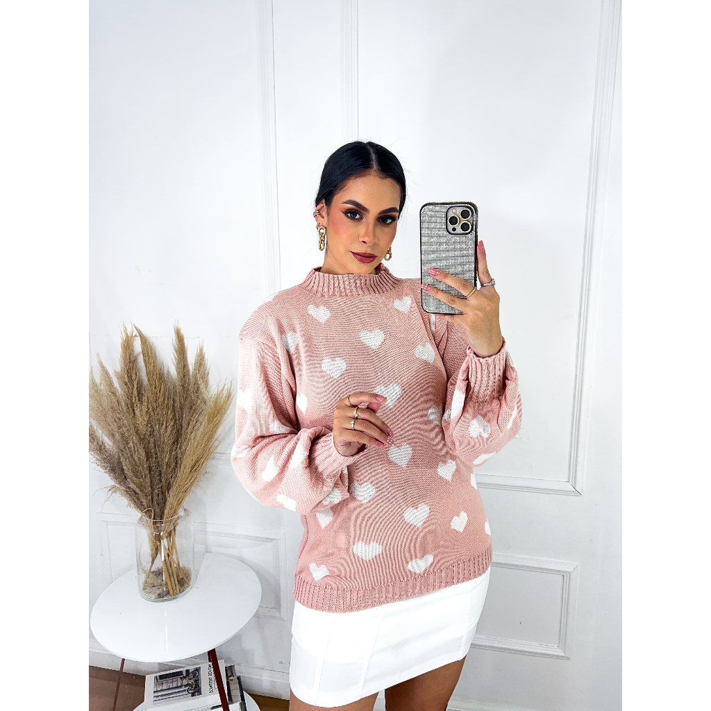 Blusa Frio De Tricô/Tricot Feminina 2026 Jacard De Coração Moda Inverno