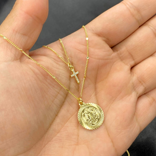 Colar São Bento + Cruz Cravejada Feminina Banhada Ouro 18K Corrente Grumet 24cm Com 2 Pingentes em Oferta na Shopee