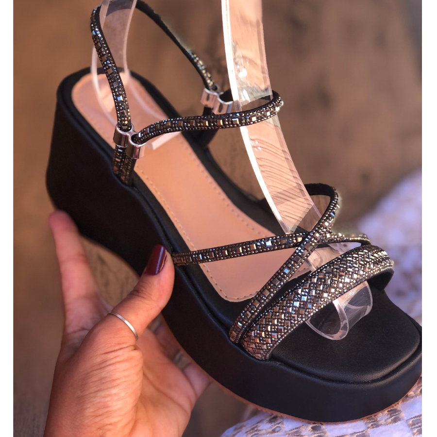 Sandália Feminina Anabela Plataforma salto branca Luxo Stras Brilhante Papete lançamento 2 em 1 Flat em Oferta na Shopee