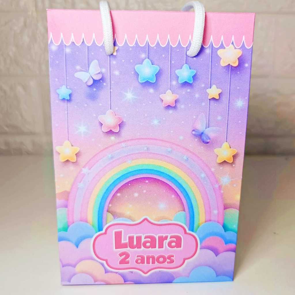 PEGUE E MONTE Sacolinha Personalizada Arco Iris Lembrancinha Festa Infantil Sacola Surpresa Tamanho 10 x 15 cm