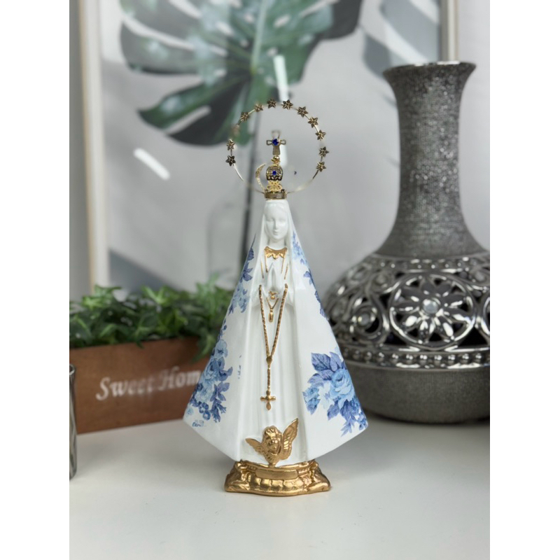 nossa senhora aparecida 20cm coroa resplendor folheado azul detalhes dourado gesso