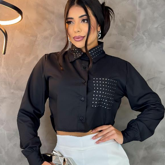 Camisa Cropped De Brilho Preto com Manga Comprida Colarinho e Bolso Com STRASS Social Alfaiataria