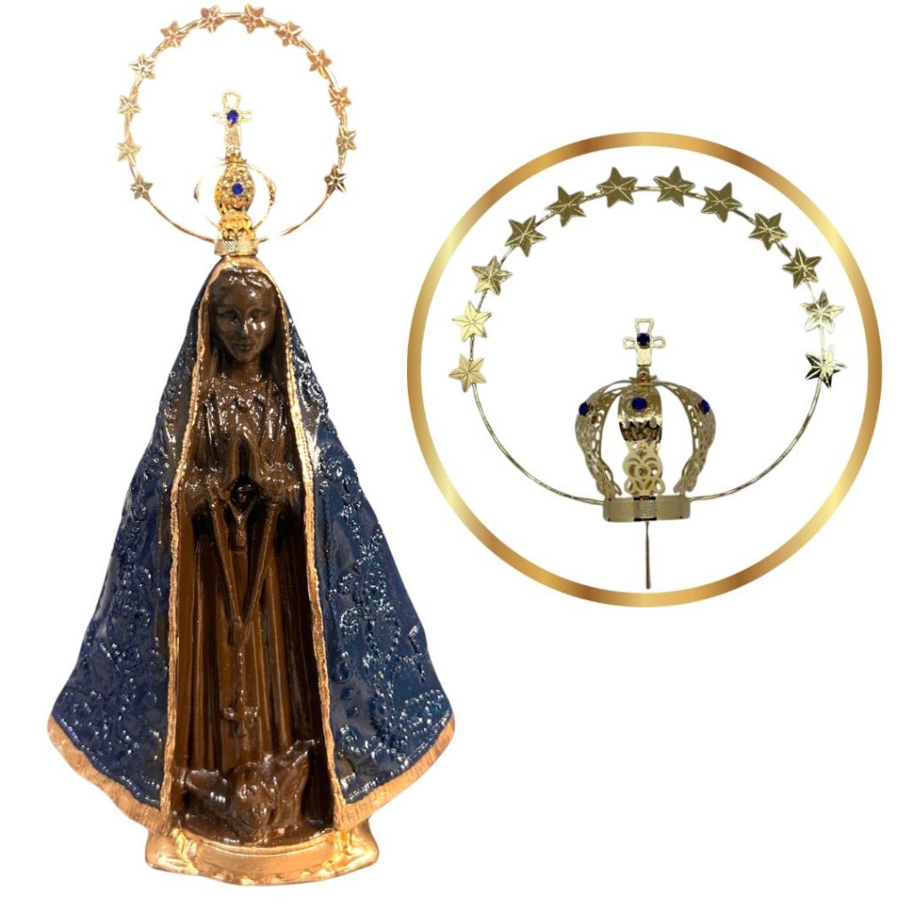 Imagem Nossa Senhora Aparecida 23cm cor Azul Centro Marrom Gesso Com Coroa Resplendor Folheada