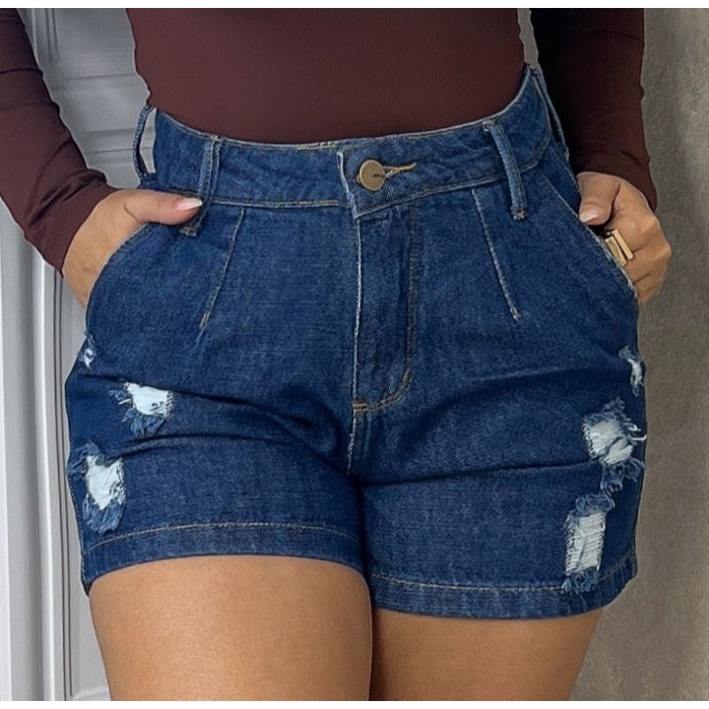Short Jeans Feminino  BOYFRIEND Cintura Alta Com Pinça  100% Algodão Azul Escuro. em Oferta na Shopee