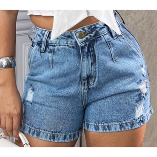 Short Jeans Feminino Cintura Alta BOYFRIEND Com Pinça  100% Algodão Azul Claro em Oferta na Shopee