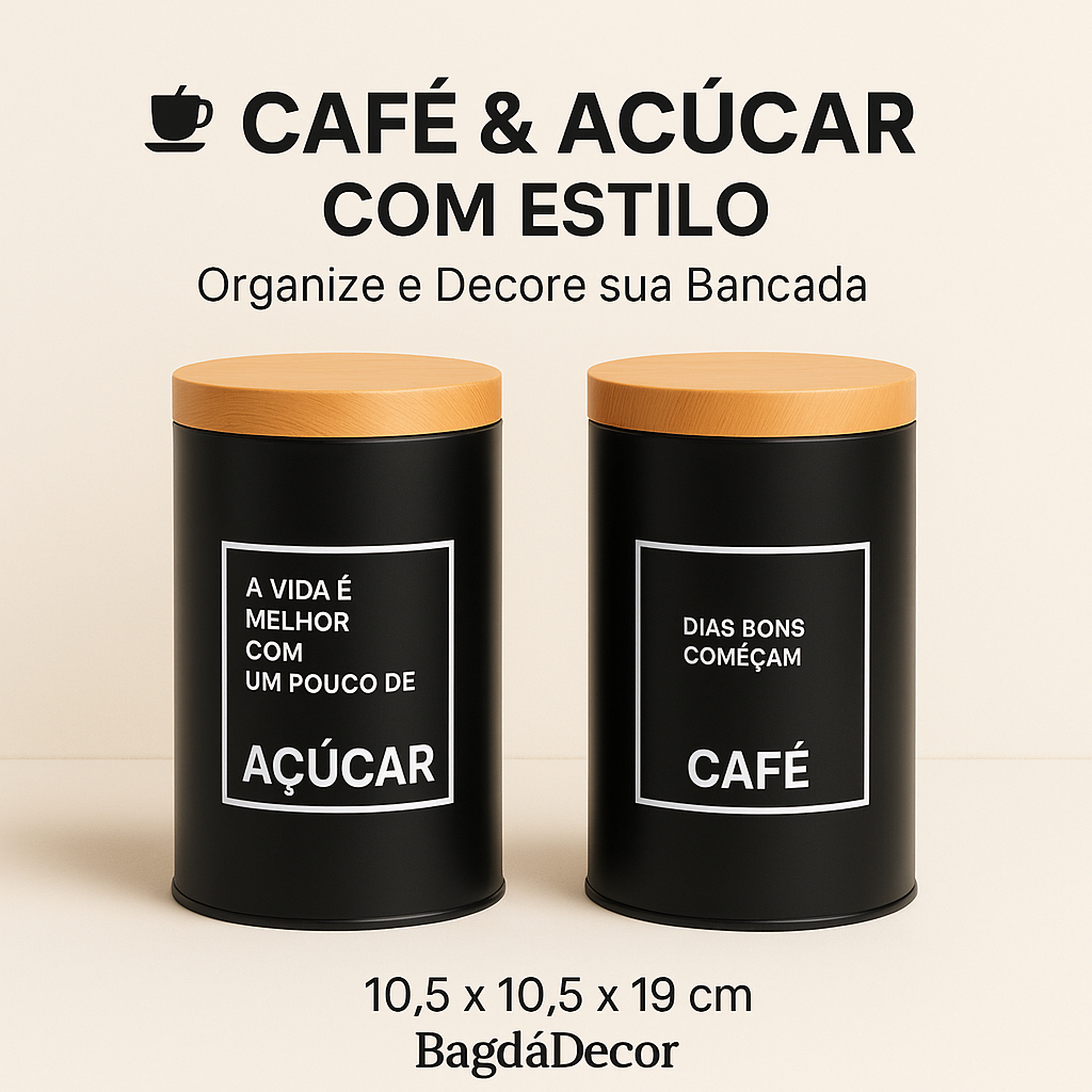 ✅ Kit 2 Potes Café & Açúcar – Tampa de Metal Estilo Bambu, Preto Fosco, Design Moderno e Prático 🔝 em Oferta na Shopee