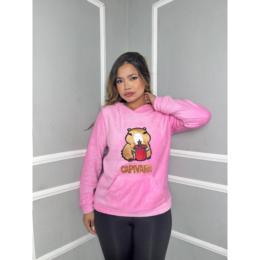 Blusa Moletom Feminino Casaco Peluciado Capuz Capivara Inverno Quentinho Casual