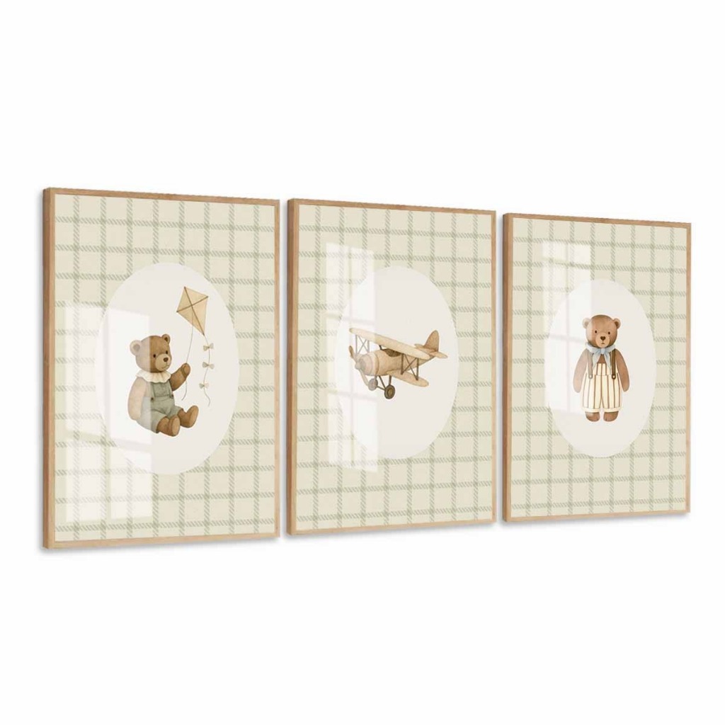 Kit 3 Quadros Infantil Clean Ursinho Avião Moldura e Vidro Quarto Decoração em Oferta na Shopee