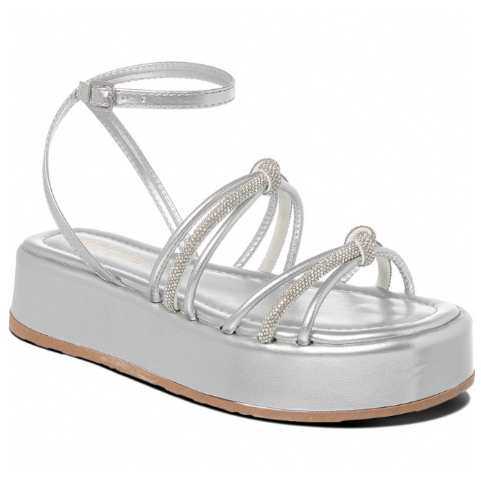 Sandália Feminina Plataforma Flatform com Tiras de Strass Papete Casual