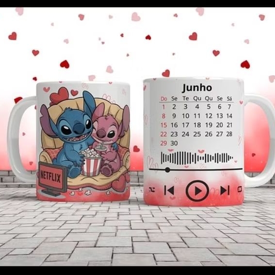 Caneca Stitch Angel Personalizada Flix + Calendário Spotify | Presente Namorados Criativo