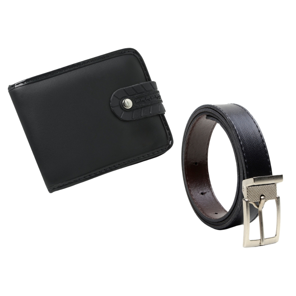 Kit Com Carteira Masculina De Botão + Cinto Masculino Preto/Marrom Dupla Face Social Alta Qualidade