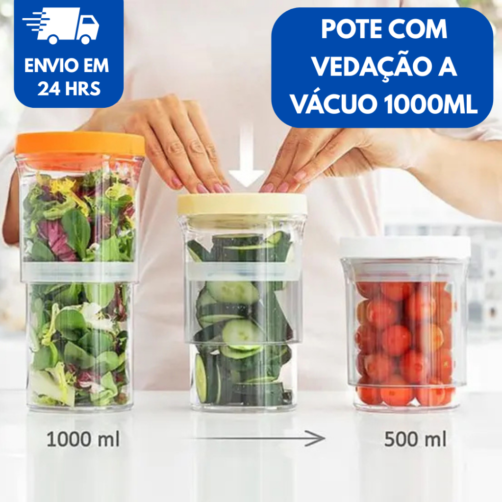 Pote Retrátil Hermético com Vedação a Vácuo Ajustável 550 ml a 1050 ml – Porta Mantimentos Empilhável