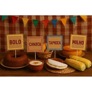 kit Junino, topo de bolo tags docinhos e plaquinhas de identificação para mesa